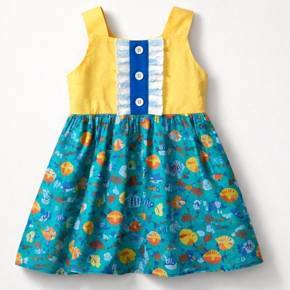Ricrac & Ruffles Yellow and green fish print tunic top size 6 NWT